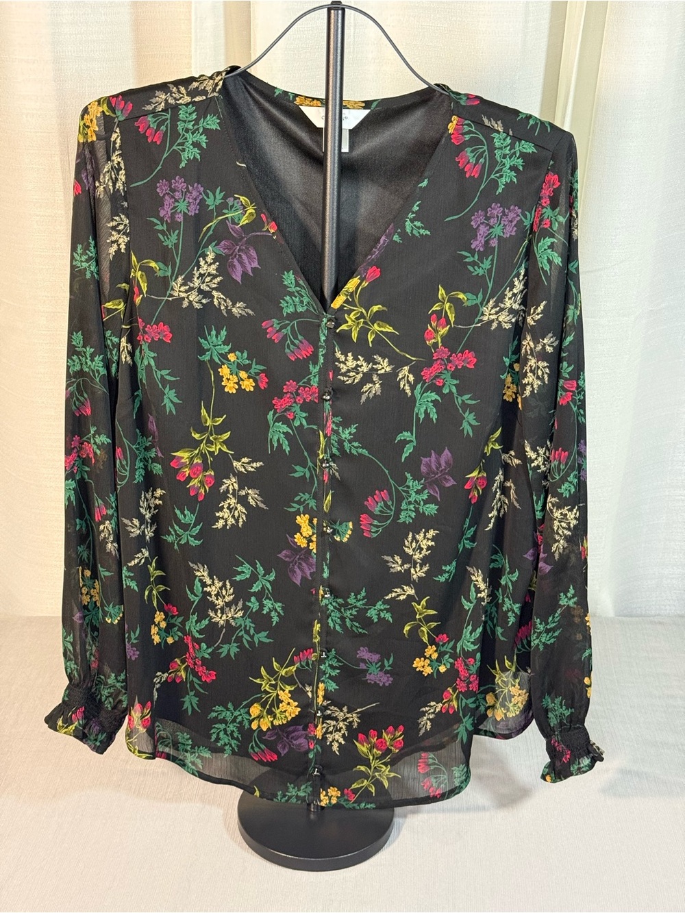 CJ Banks Black Floral V-Neck Blouse with Multicolor Bloom
